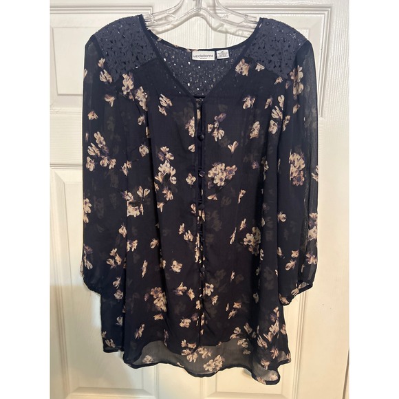 Liz Claiborne Tops - Liz Claiborne Navy Floral Sheer Button Front Blouse